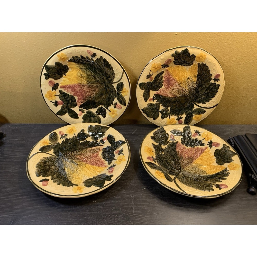 Vintage Majolica Plate Made In West Germany Grape Leaves and Strawberries Set 4
